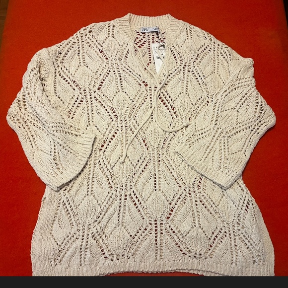 Zara ecru long sleeve pointelle knit tunic NWT - Picture 2 of 9